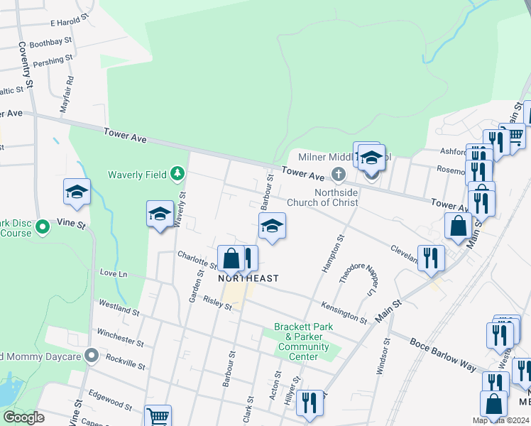 map of restaurants, bars, coffee shops, grocery stores, and more near in Hartford