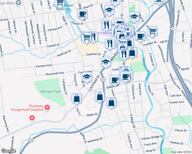 map of restaurants, bars, coffee shops, grocery stores, and more near 58 New Litchfield Street in Torrington