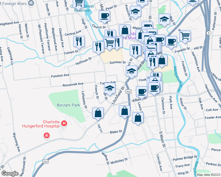 map of restaurants, bars, coffee shops, grocery stores, and more near 20 Seymour Street in Torrington