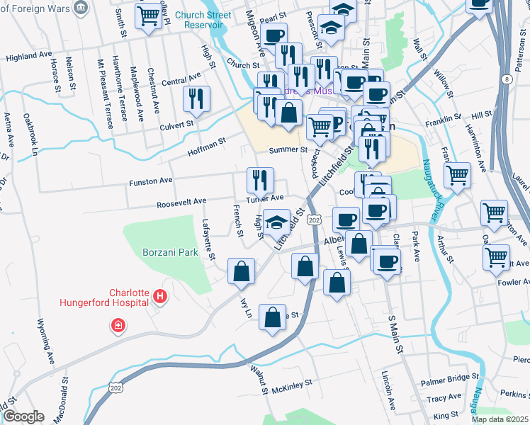map of restaurants, bars, coffee shops, grocery stores, and more near 432 High Street in Torrington