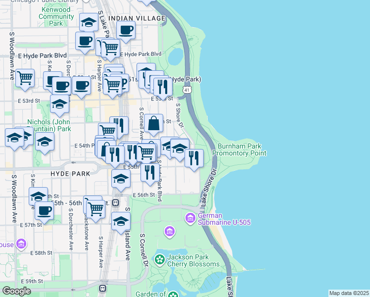 map of restaurants, bars, coffee shops, grocery stores, and more near 5469 South Everett Avenue in Chicago