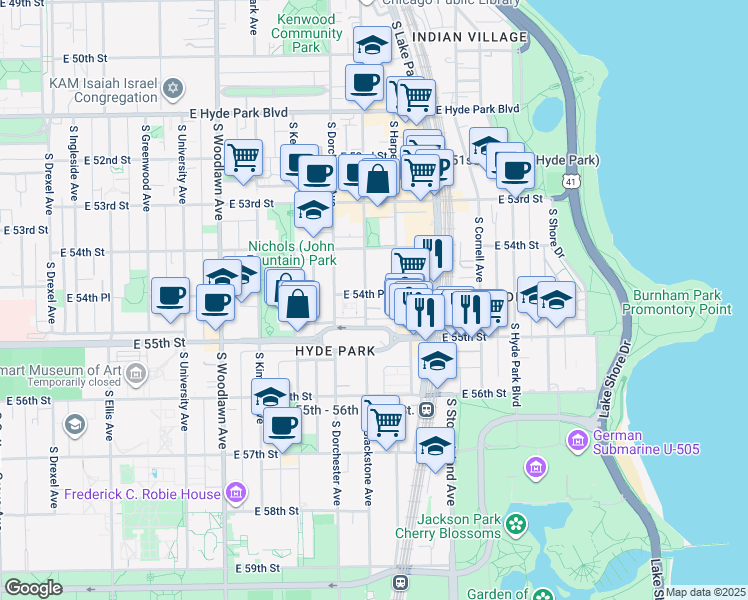 map of restaurants, bars, coffee shops, grocery stores, and more near 5470 South Harper Avenue in Chicago