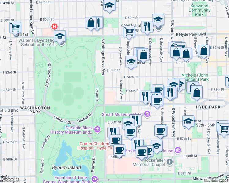 map of restaurants, bars, coffee shops, grocery stores, and more near 5426 South Drexel Avenue in Chicago