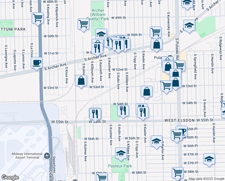map of restaurants, bars, coffee shops, grocery stores, and more near 5322 South Kolin Avenue in Chicago