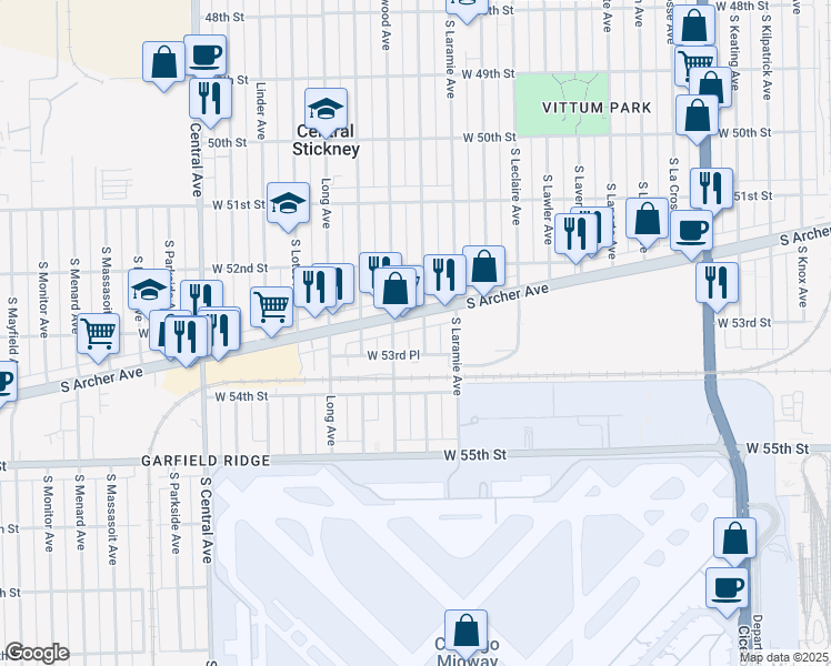 map of restaurants, bars, coffee shops, grocery stores, and more near 5333 South Lockwood Avenue in Chicago