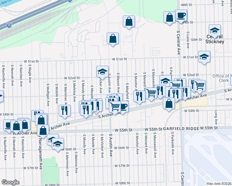 map of restaurants, bars, coffee shops, grocery stores, and more near 5304 South Mason Avenue in Chicago