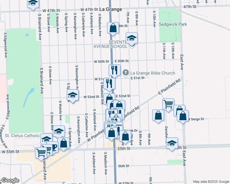 map of restaurants, bars, coffee shops, grocery stores, and more near 1001 South La Grange Road in La Grange