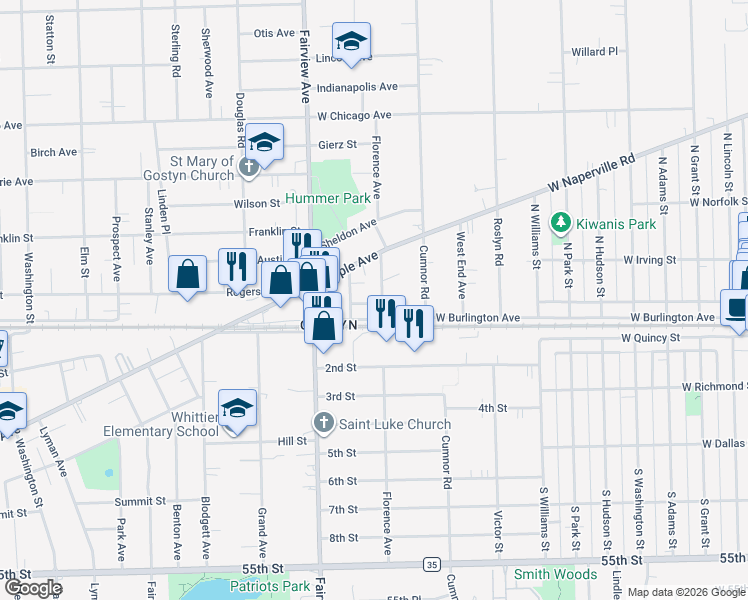 map of restaurants, bars, coffee shops, grocery stores, and more near 5021 Florence Avenue in Downers Grove