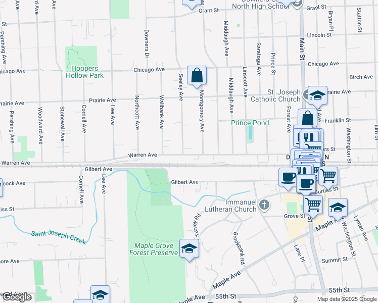 map of restaurants, bars, coffee shops, grocery stores, and more near 1355 Warren Avenue in Downers Grove