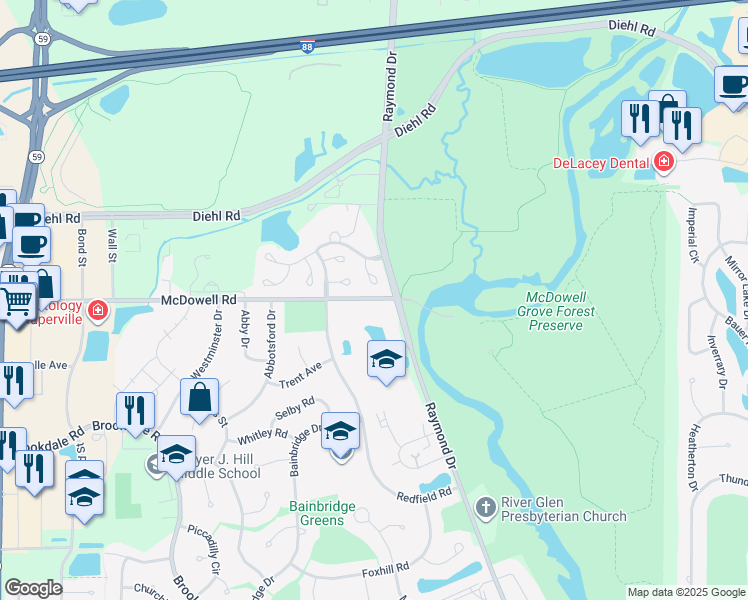 map of restaurants, bars, coffee shops, grocery stores, and more near 1316 McDowell Road in Naperville
