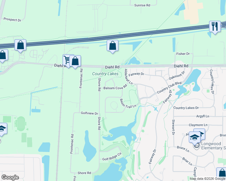 map of restaurants, bars, coffee shops, grocery stores, and more near 2535 Basin Trail Lane in Naperville
