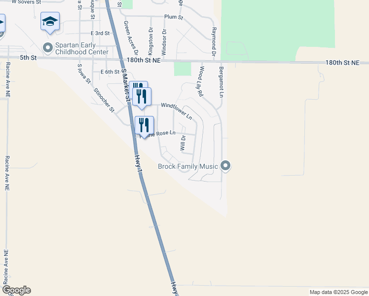map of restaurants, bars, coffee shops, grocery stores, and more near 317 Windflower Lane in Solon