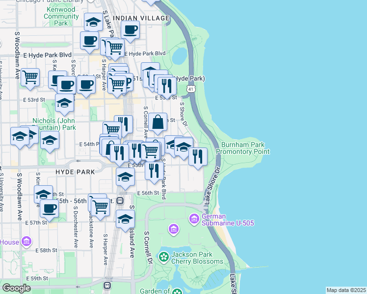 map of restaurants, bars, coffee shops, grocery stores, and more near 5453 South Everett Avenue in Chicago