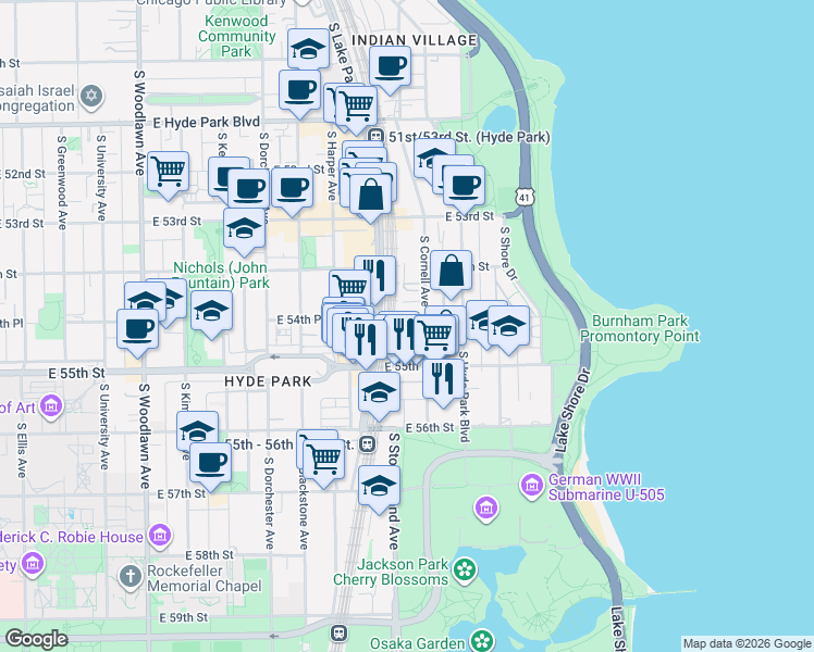 map of restaurants, bars, coffee shops, grocery stores, and more near 5456 South Cornell Avenue in Chicago