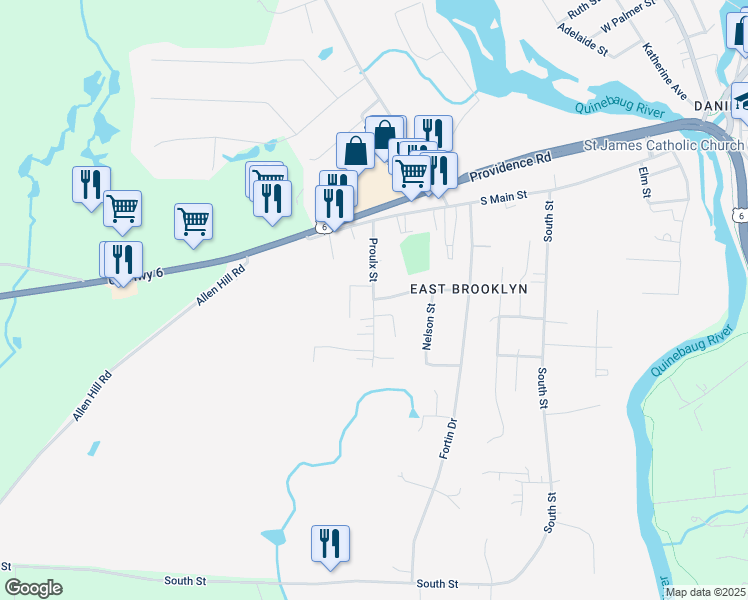 map of restaurants, bars, coffee shops, grocery stores, and more near 40 Proulx Street in Brooklyn