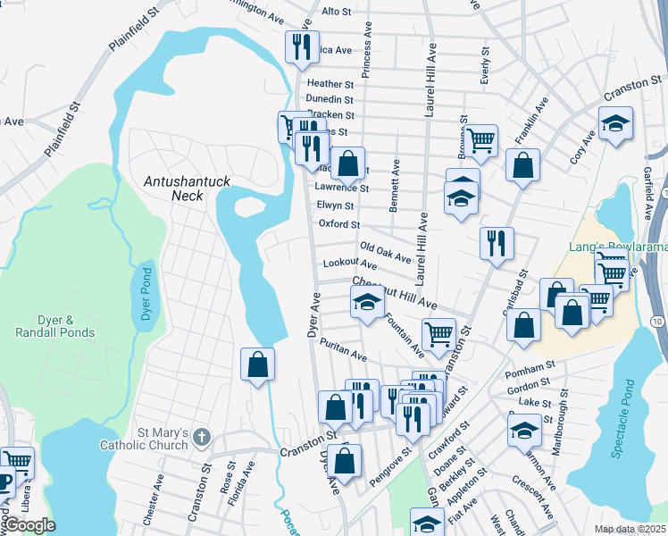 map of restaurants, bars, coffee shops, grocery stores, and more near 159 Chestnut Hill Avenue in Cranston