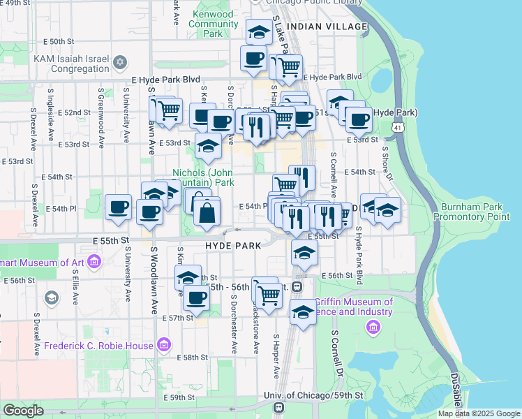 map of restaurants, bars, coffee shops, grocery stores, and more near 5457 South Blackstone Avenue in Chicago