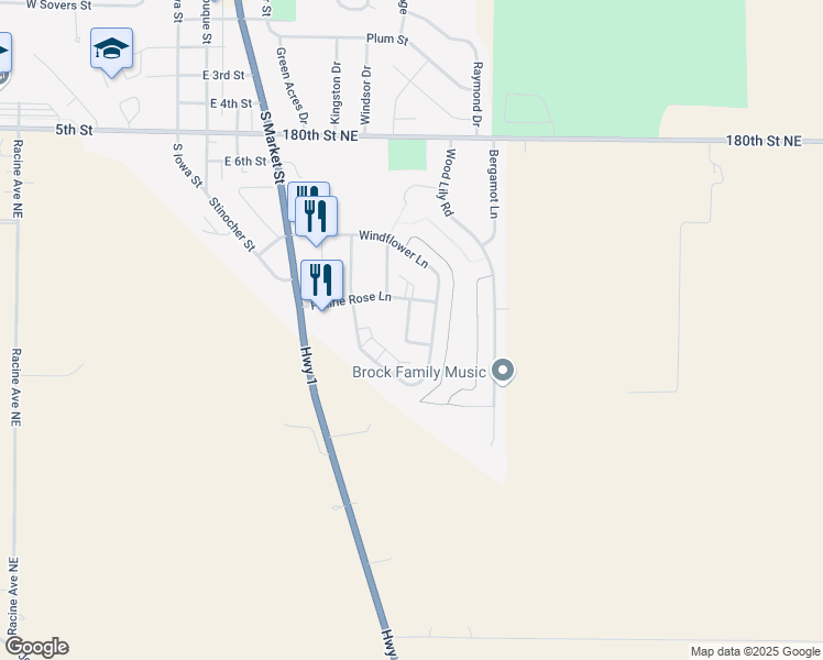 map of restaurants, bars, coffee shops, grocery stores, and more near 317 Windflower Lane in Solon