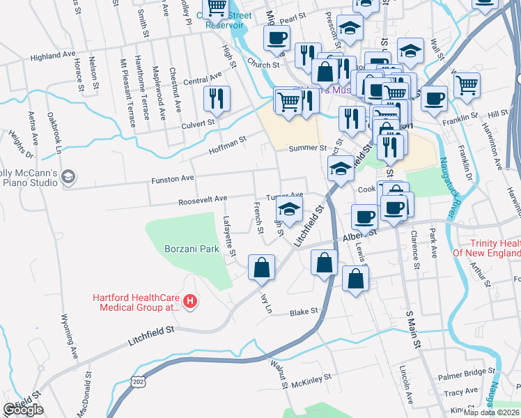 map of restaurants, bars, coffee shops, grocery stores, and more near 85 French Street in Torrington