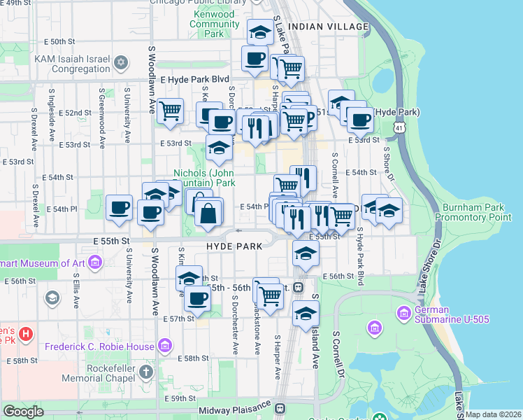 map of restaurants, bars, coffee shops, grocery stores, and more near 5455 South Blackstone Avenue in Chicago