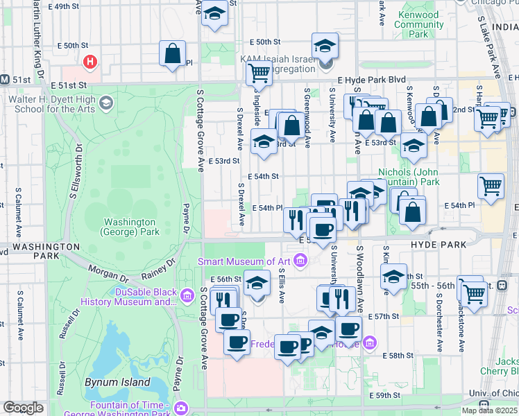 map of restaurants, bars, coffee shops, grocery stores, and more near S Ingleside Ave & E 54th Pl in Chicago