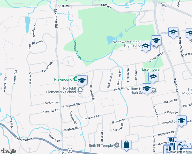 map of restaurants, bars, coffee shops, grocery stores, and more near 135 Hyde Road in West Hartford