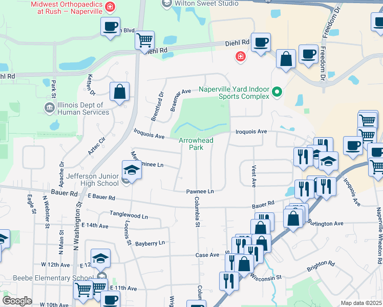 map of restaurants, bars, coffee shops, grocery stores, and more near 1548 North Columbia Avenue in Naperville