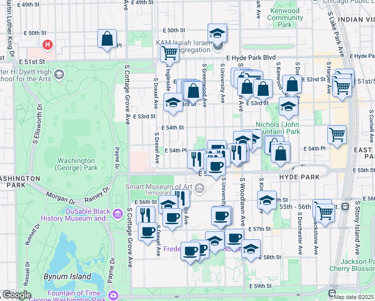 map of restaurants, bars, coffee shops, grocery stores, and more near South Ellis Avenue & East 54th Place in Chicago