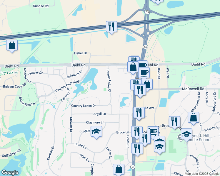map of restaurants, bars, coffee shops, grocery stores, and more near 1597 Country Lakes Drive in Naperville