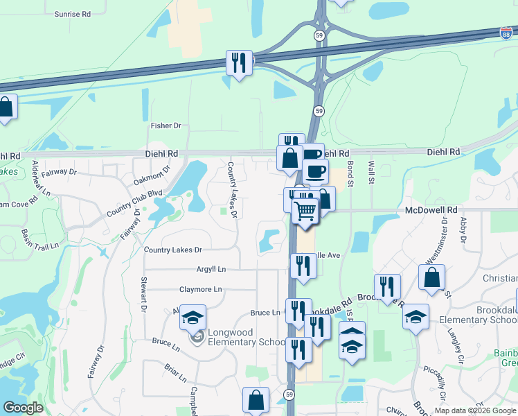 map of restaurants, bars, coffee shops, grocery stores, and more near 30 Pebblewood Trail in Naperville