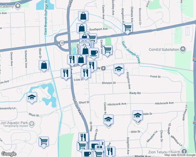 map of restaurants, bars, coffee shops, grocery stores, and more near 1003 Division Street in Lisle