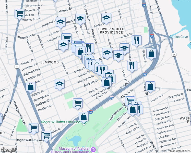 map of restaurants, bars, coffee shops, grocery stores, and more near 25 Sackett Street in Providence