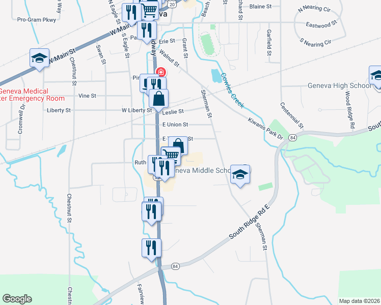 map of restaurants, bars, coffee shops, grocery stores, and more near 131 Commerce Place in Geneva