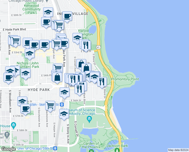 map of restaurants, bars, coffee shops, grocery stores, and more near 5469 South Everett Avenue in Chicago