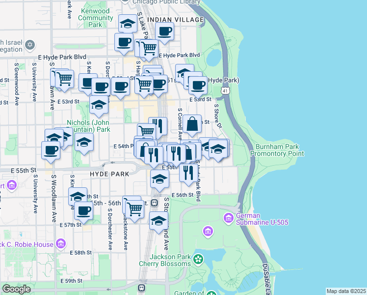 map of restaurants, bars, coffee shops, grocery stores, and more near 5465 South Cornell Avenue in Chicago