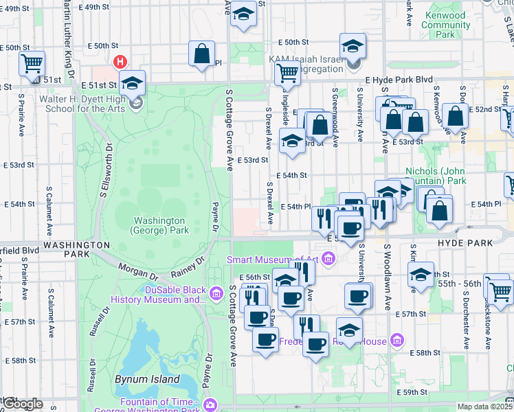map of restaurants, bars, coffee shops, grocery stores, and more near 5426 South Drexel Avenue in Chicago