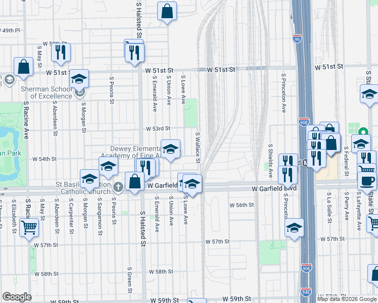 map of restaurants, bars, coffee shops, grocery stores, and more near 5358 South Wallace Street in Chicago