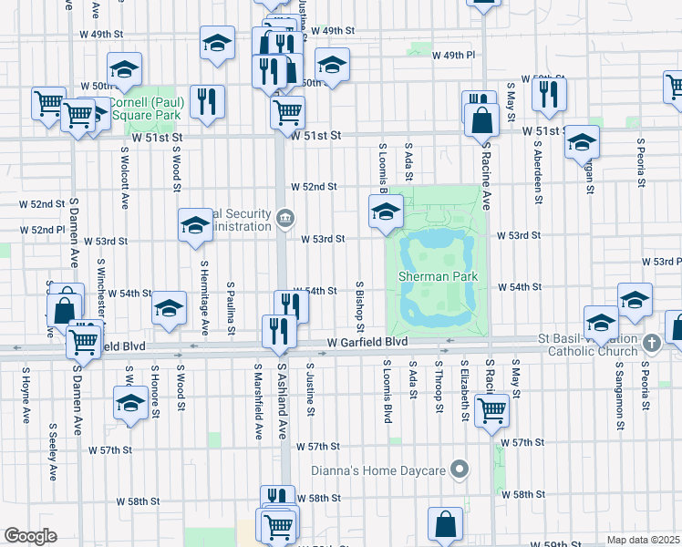 map of restaurants, bars, coffee shops, grocery stores, and more near 5356 South Bishop Street in Chicago