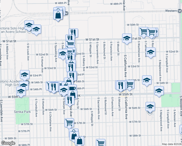 map of restaurants, bars, coffee shops, grocery stores, and more near 3045 West 53rd Place in Chicago