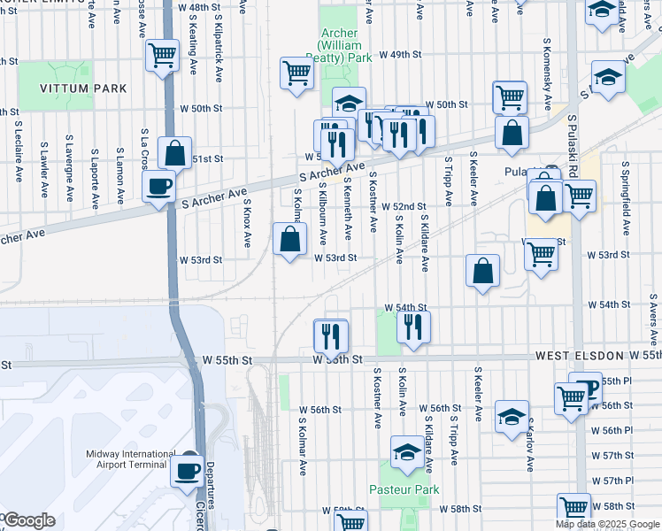 map of restaurants, bars, coffee shops, grocery stores, and more near 5341 South Kilbourn Avenue in Chicago