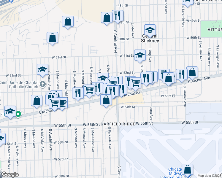 map of restaurants, bars, coffee shops, grocery stores, and more near 5307 South Parkside Avenue in Chicago