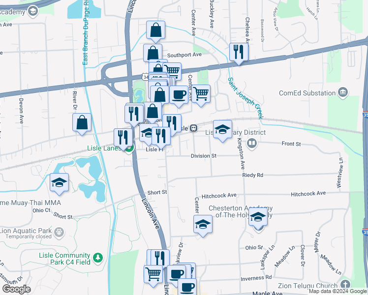 map of restaurants, bars, coffee shops, grocery stores, and more near 1003 Division Street in Lisle