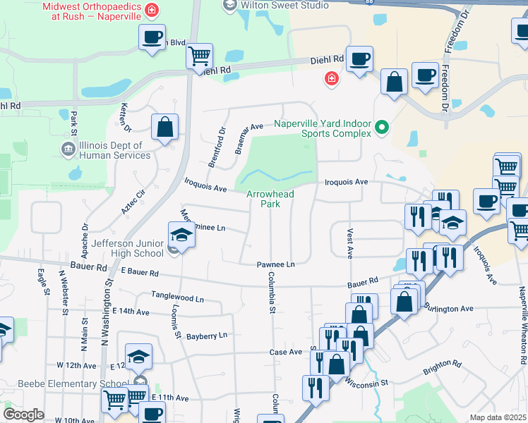 map of restaurants, bars, coffee shops, grocery stores, and more near 1548 North Columbia Avenue in Naperville