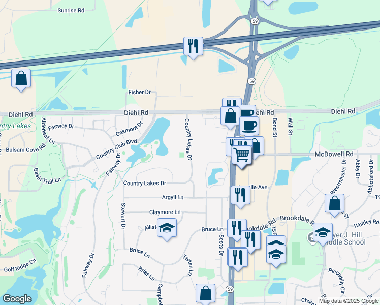 map of restaurants, bars, coffee shops, grocery stores, and more near 1616 Country Lakes Drive in Naperville