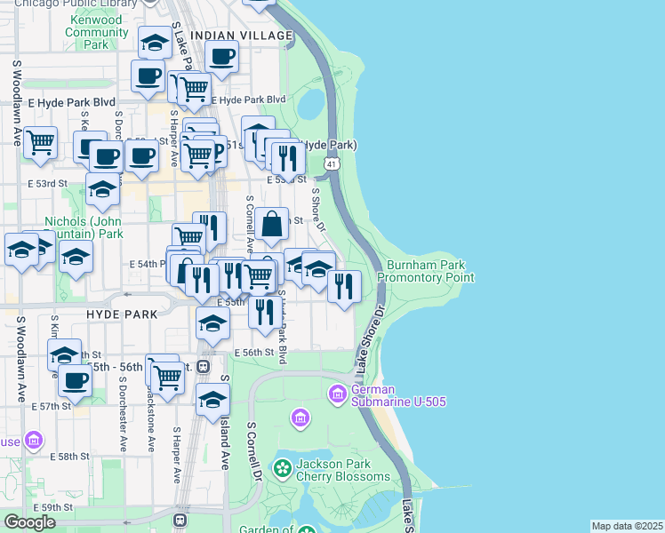 map of restaurants, bars, coffee shops, grocery stores, and more near 5350 South Shore Drive in Chicago