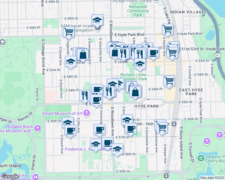 map of restaurants, bars, coffee shops, grocery stores, and more near 5451 South Woodlawn Avenue in Chicago