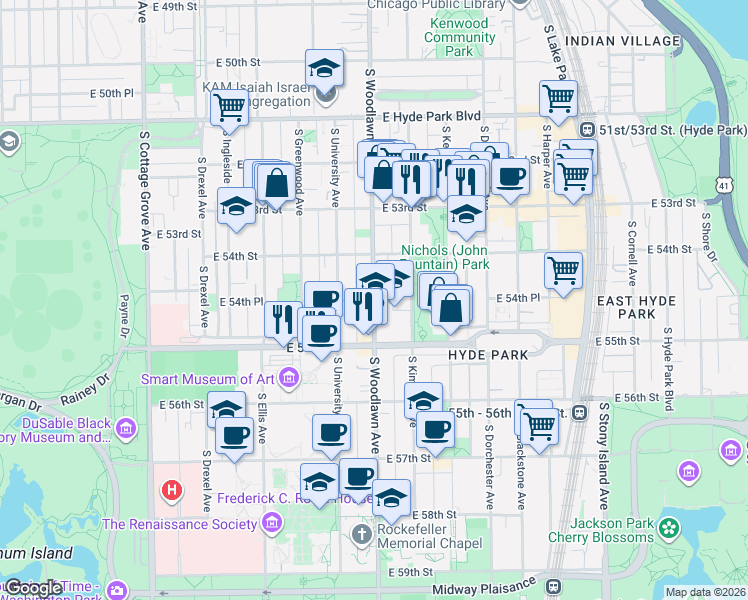 map of restaurants, bars, coffee shops, grocery stores, and more near S Woodlawn Ave & E 54th Pl in Chicago