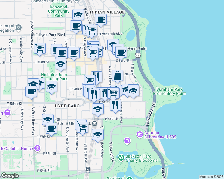 map of restaurants, bars, coffee shops, grocery stores, and more near 5465 South Cornell Avenue in Chicago