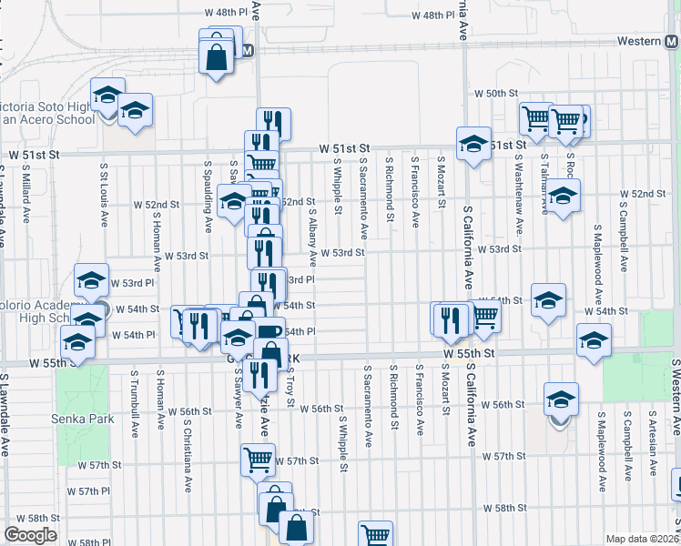 map of restaurants, bars, coffee shops, grocery stores, and more near 3045 West 53rd Place in Chicago
