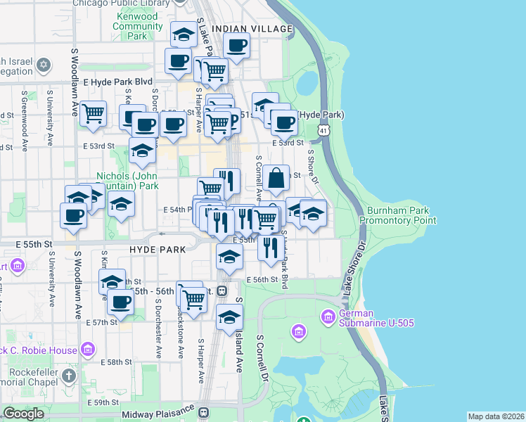 map of restaurants, bars, coffee shops, grocery stores, and more near 5451 South Cornell Avenue in Chicago